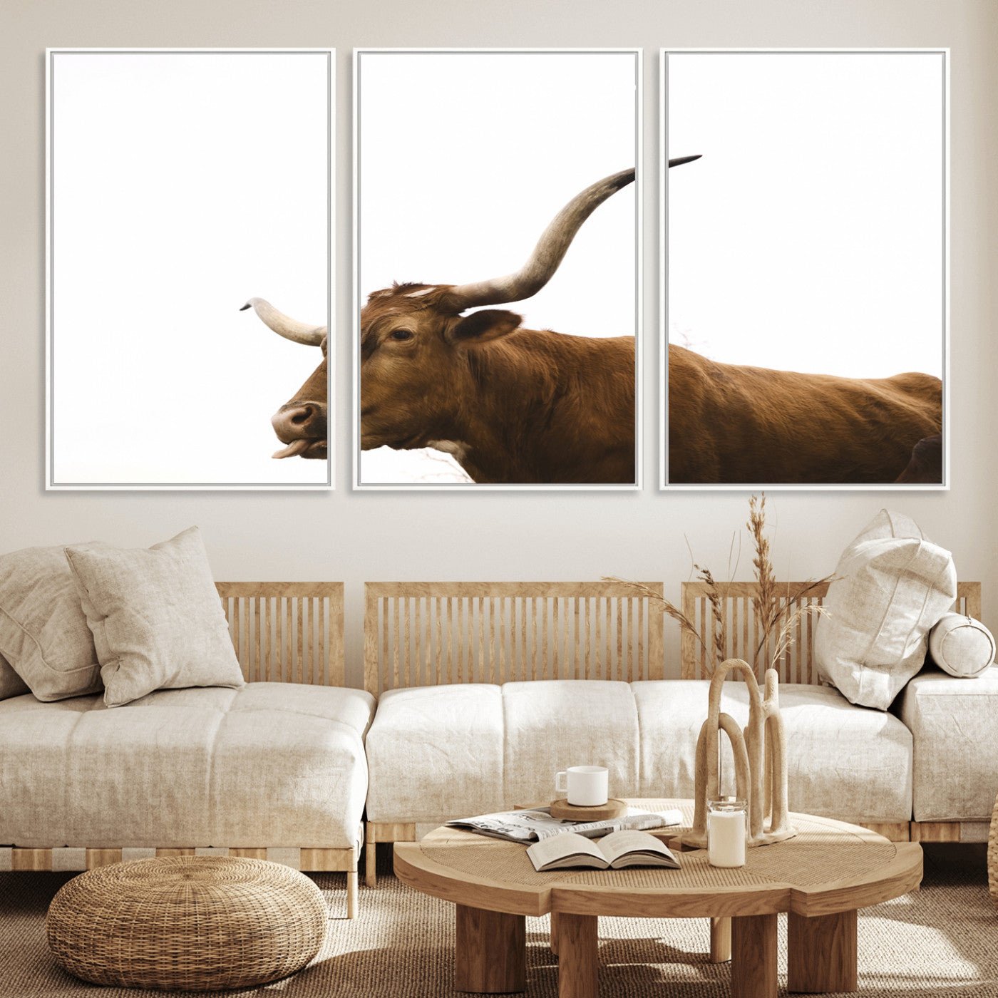 Minimal photo of a longhorn cow with white background, ideal for rustic, western or farmhouse-style interior decor.