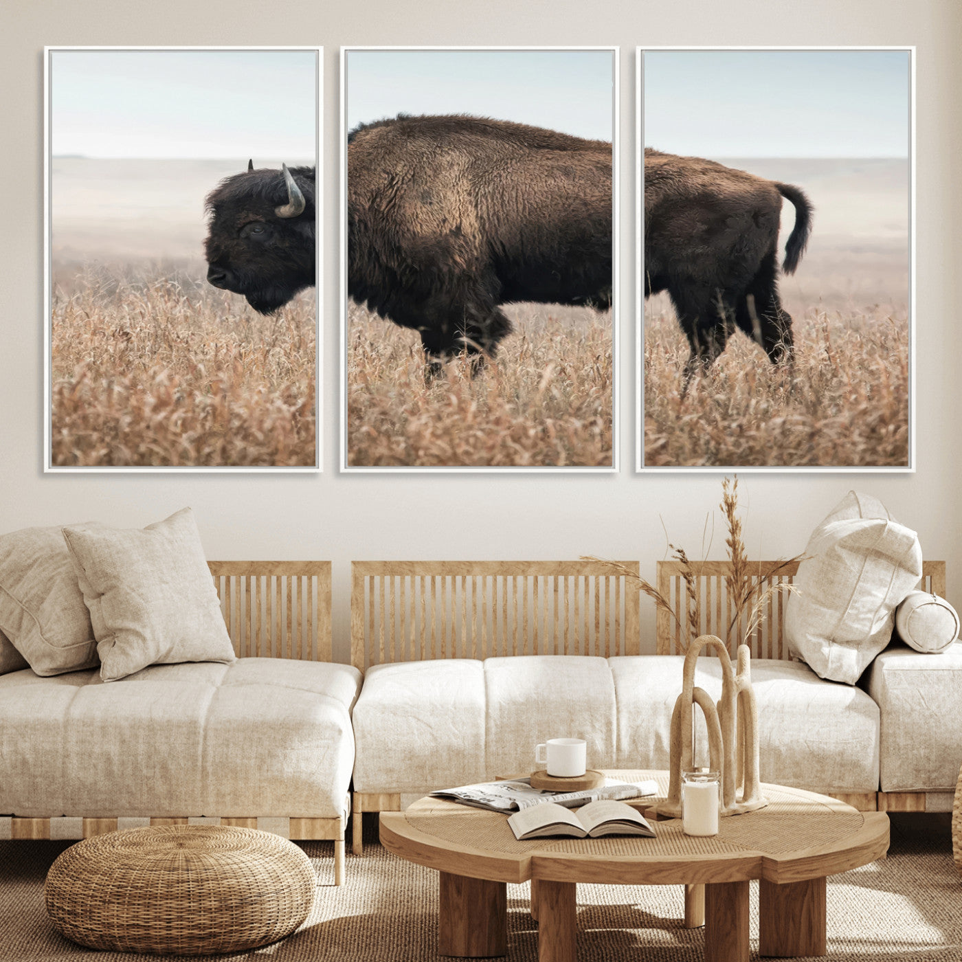 A lone bison stands in a vast prairie under a soft sky, evoking freedom and rustic charm for western or farmhouse inspired interiors.
