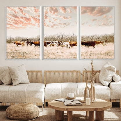 Cattle herd in a soft-toned field under a pastel pink sky, creating a peaceful rustic feel, perfect for farmhouse or western-themed spaces.