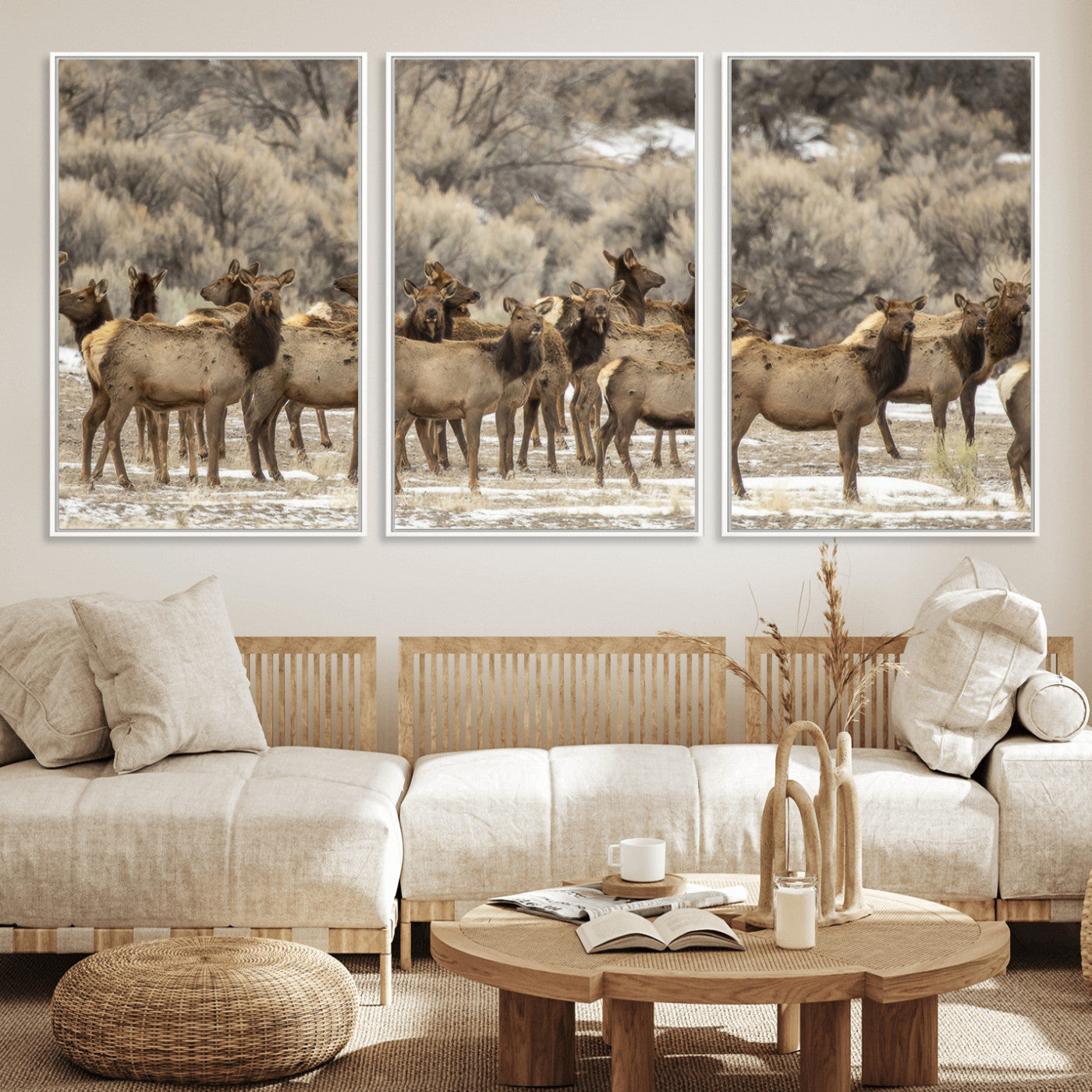 A large herd of elk standing in an open field with soft earthy tones, ideal for rustic lodge or western-themed home wall decor.
