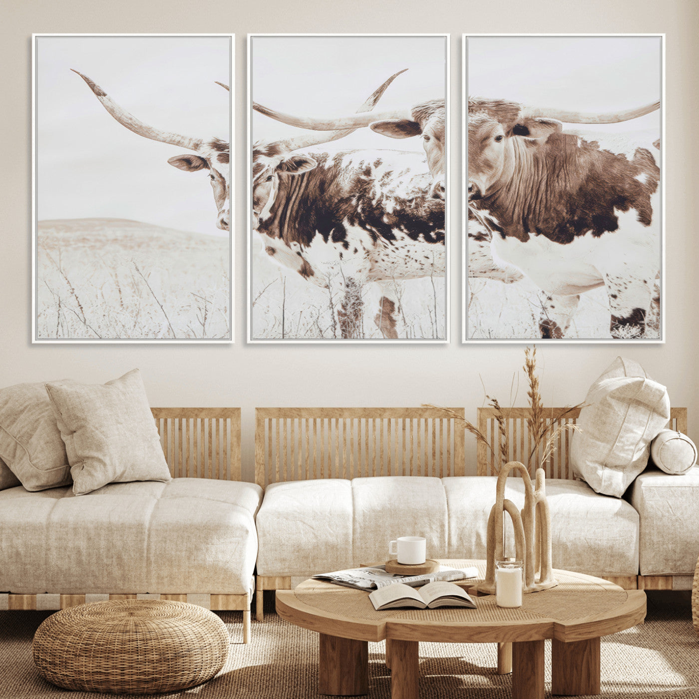 Two longhorn cows standing in a sepia-toned pasture with soft light, ideal for rustic or farmhouse-themed neutral wall decor.