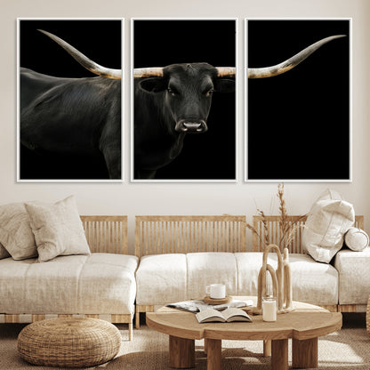 Close-up of a black Texas longhorn with large curved horns on black background, ideal for rustic farmhouse or modern western interiors.