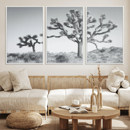 Black and white Joshua tree in a desert landscape with soft light and dry brush, perfect for rustic or minimalist home decor.