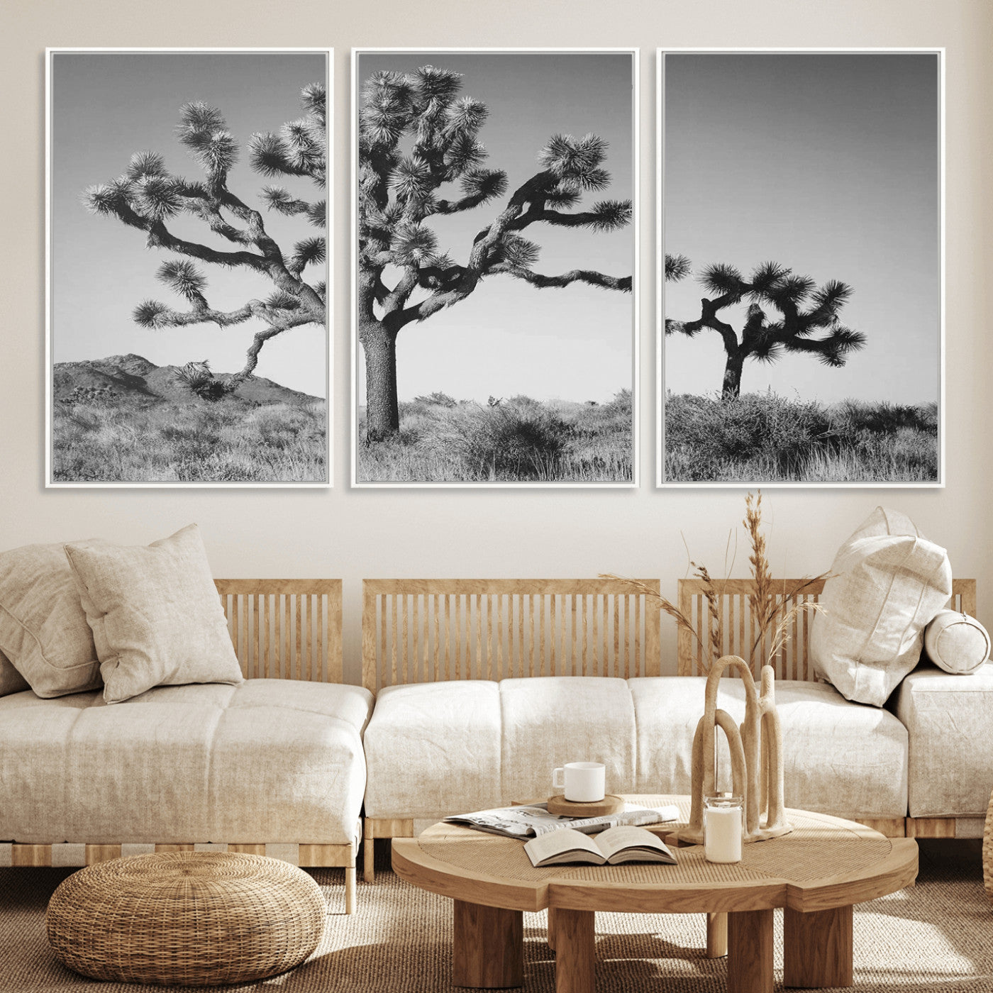 Black and white Joshua trees in a rugged desert landscape, creating a calm and minimalist feel for natural or rustic-themed interiors.