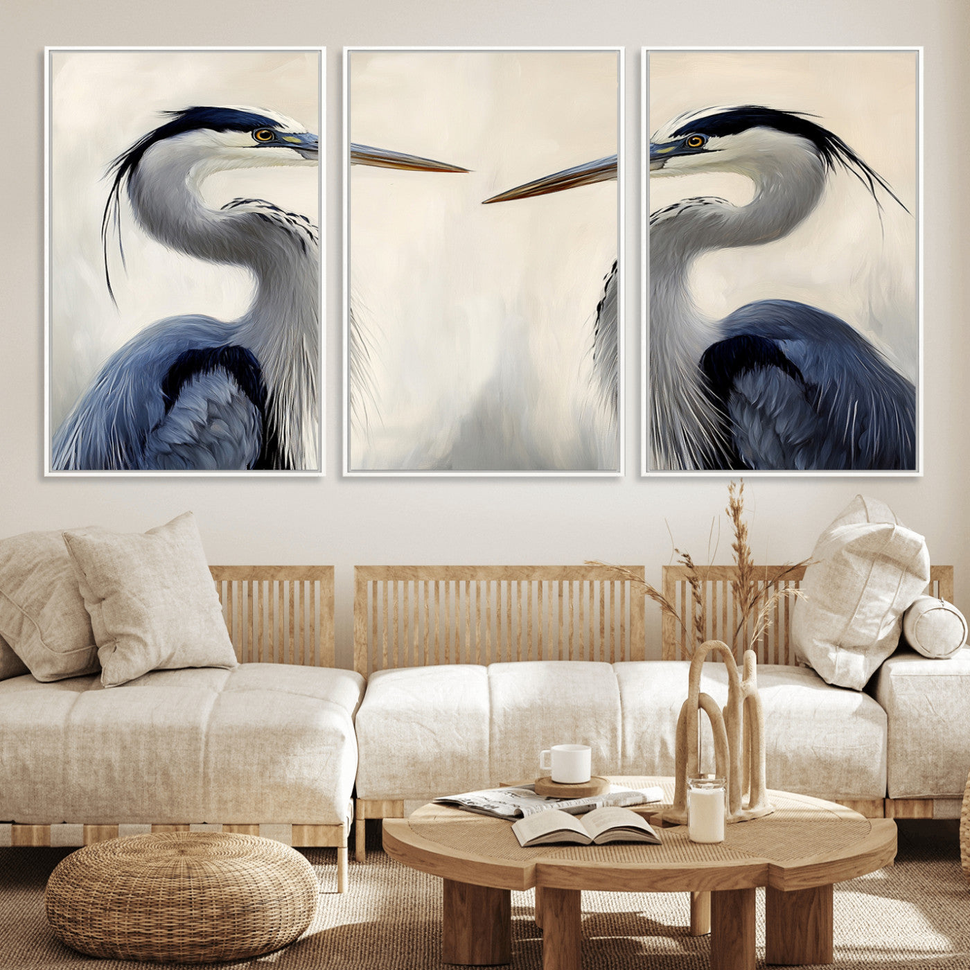 Two blue herons facing each other on a soft neutral background, ideal for coastal, tranquil, or nature-inspired minimalist interiors.