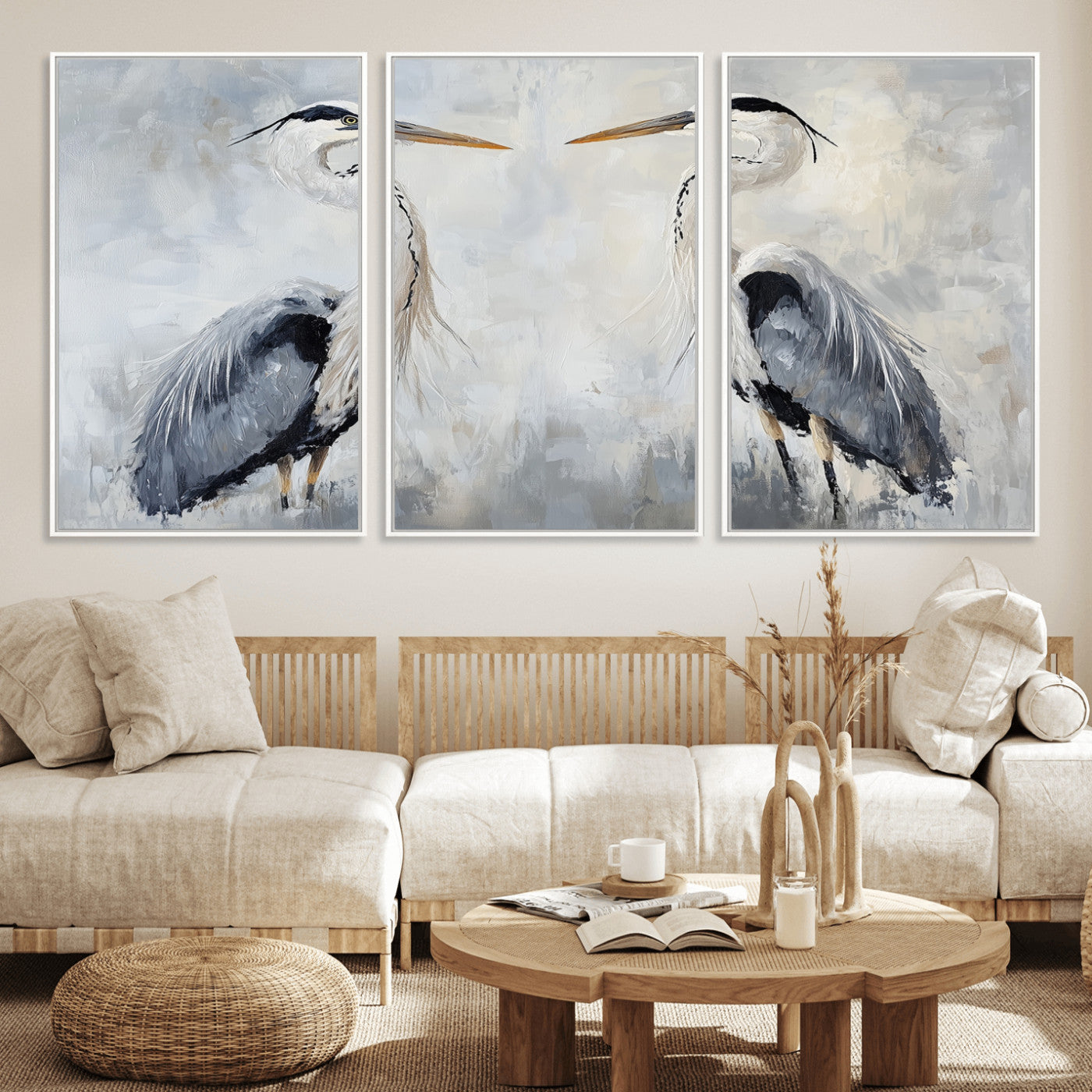 Two herons facing each other on a soft-toned background with blue-grey feathers, perfect for tranquil, coastal or nature-themed interiors.
