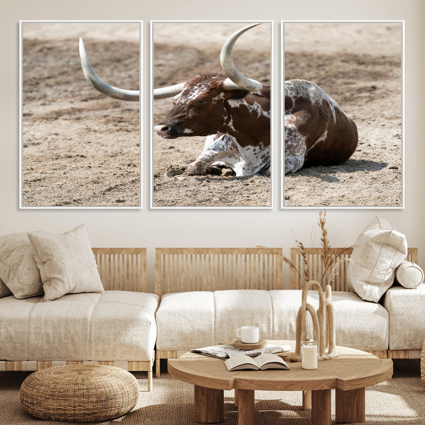 Texas Longhorn Wall Art Canvas Print, Framed Country Living Art Picture Print, Farmhouse Aesthetic Perfect Western Rustic Decor Artwork
