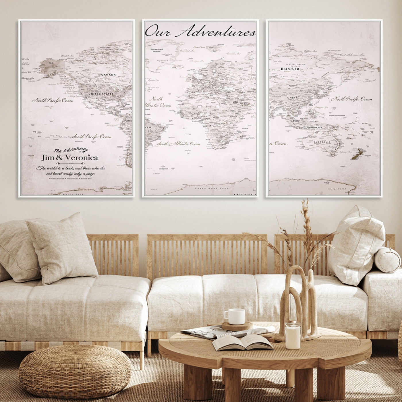 Customize Push Pin World Map Wall Canvas Print – Personalized Travel Map with Foam Pins – Framed Custom Quotie Canvas for Home Office Decor