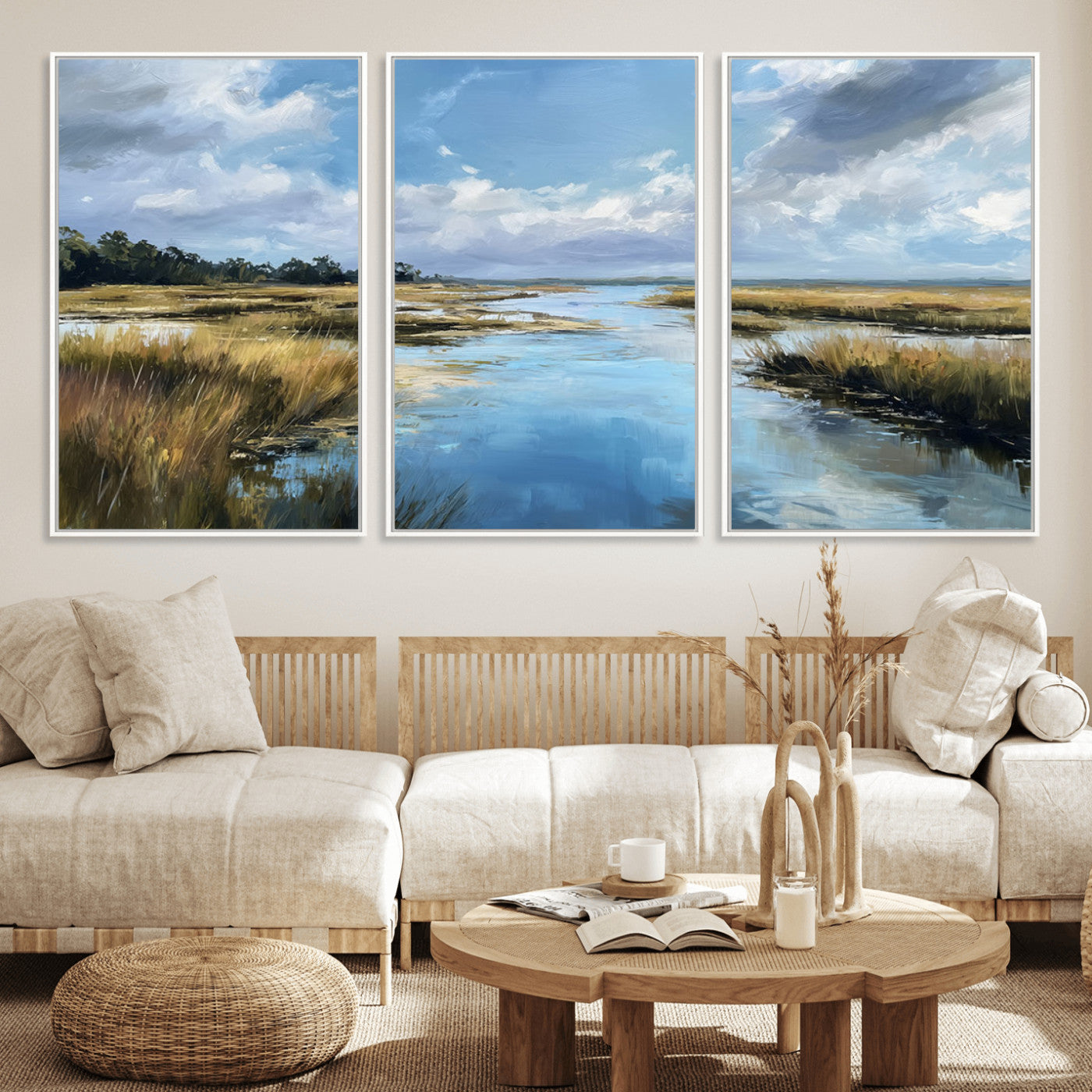 A beautiful, painterly landscape of a calm river winding through a marsh, with vibrant green grasses and a bright blue sky filled with fluffy clouds.