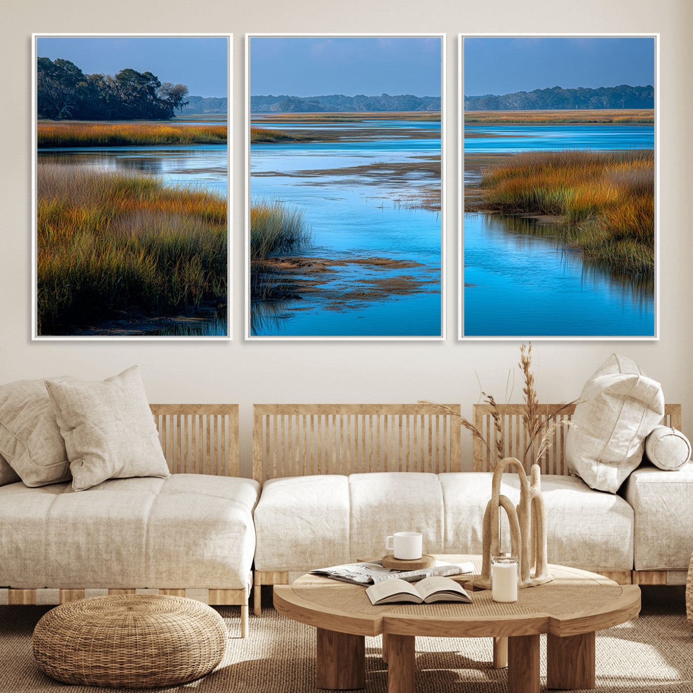 A peaceful marshland scene with calm blue water reflecting the surrounding grasses and trees, capturing the beauty of nature in a serene landscape.