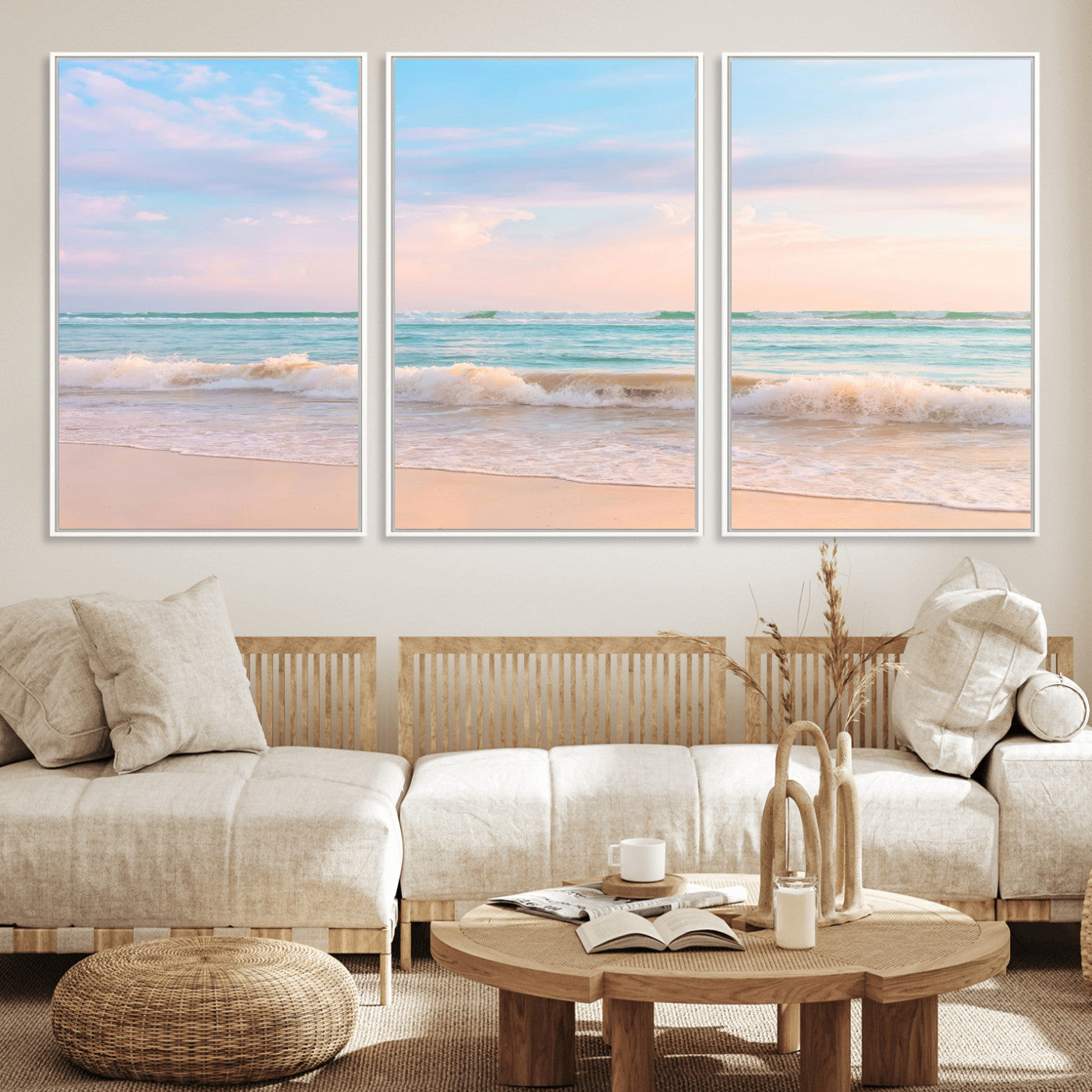 A peaceful beach scene with soft pastel skies, gentle waves washing up on the sandy shore, creating a calm and serene ocean view.