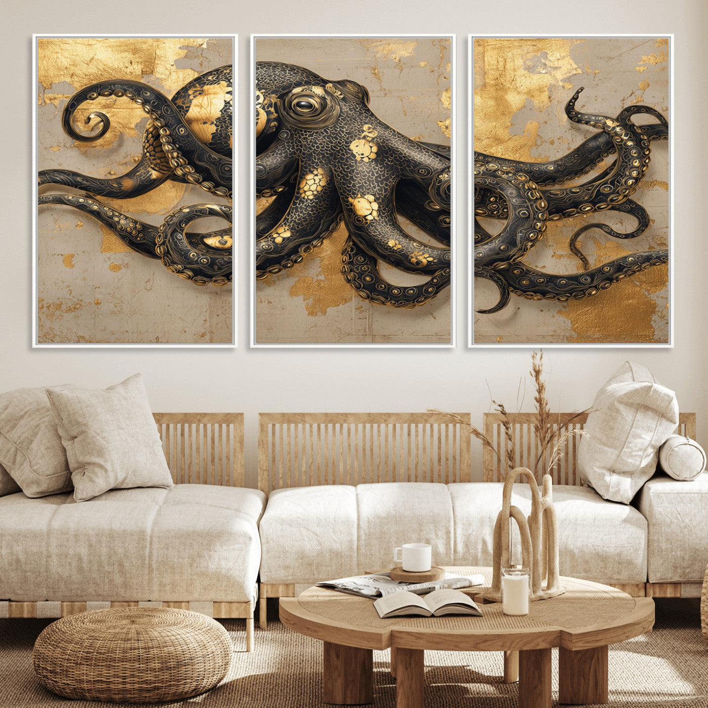 A stunning golden and black illustration of an octopus on a textured background with gold leaf accents, highlighting its intricate tentacles and unique design.