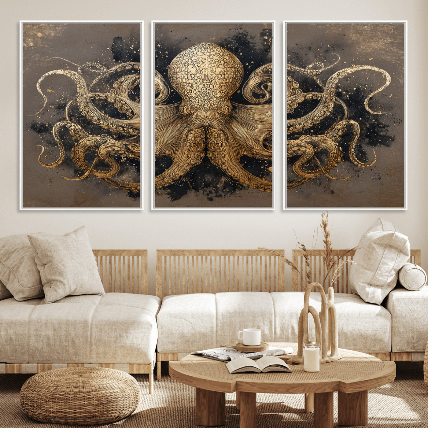 A beautifully detailed illustration of an octopus in gold ink on a textured dark background, with swirling tentacles and intricate patterns.