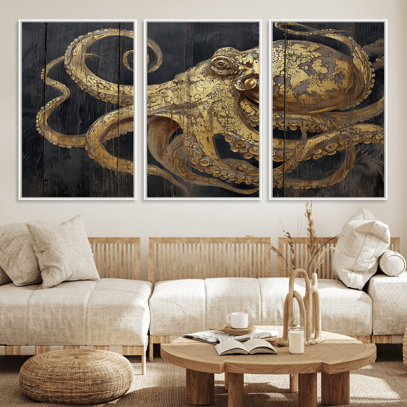 A detailed gold illustration of an octopus on black wooden planks, showing its intricate tentacles and textured skin in an artistic style.