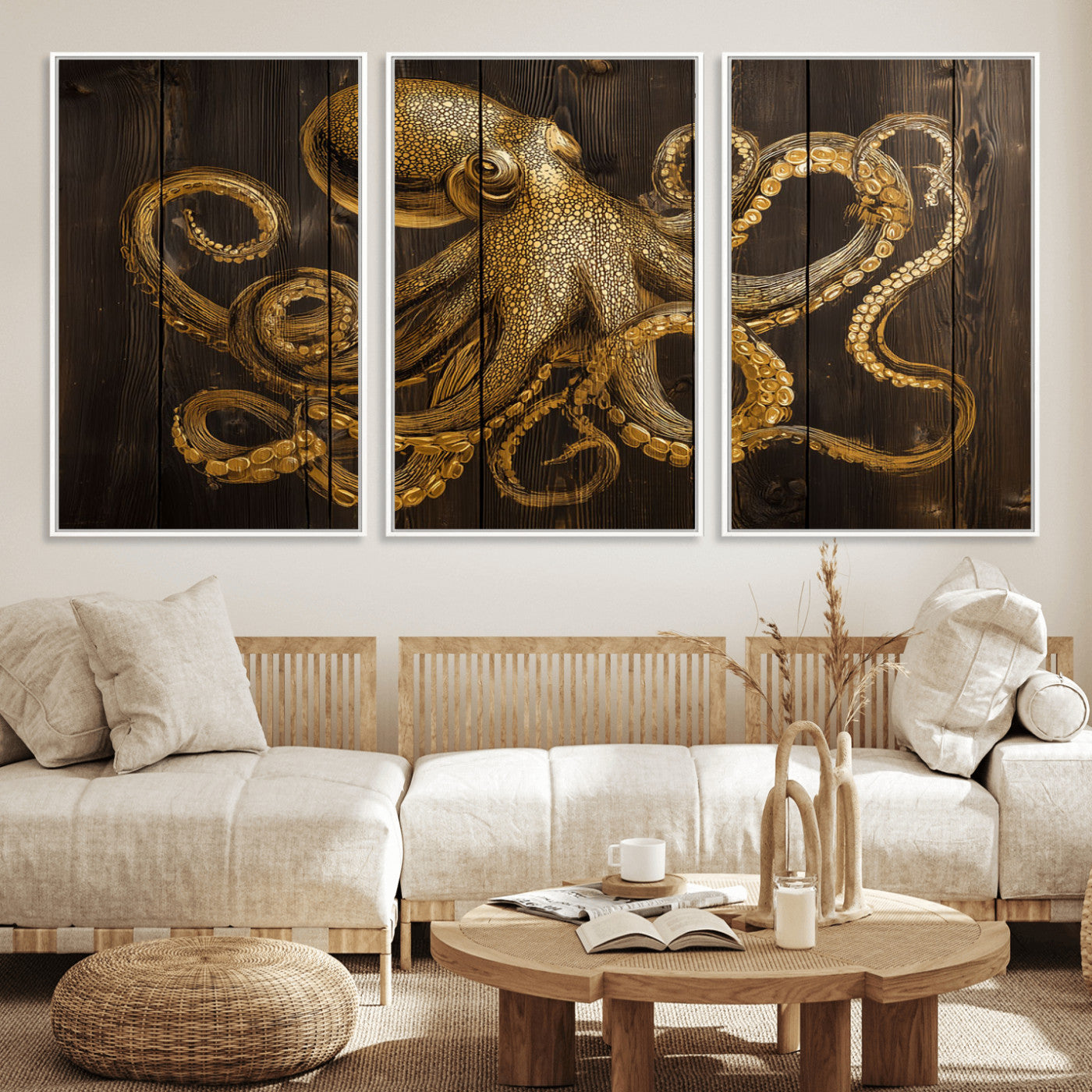 An artistic rendering of an octopus in gold ink on wooden planks, showcasing intricate details of its tentacles and textured skin.