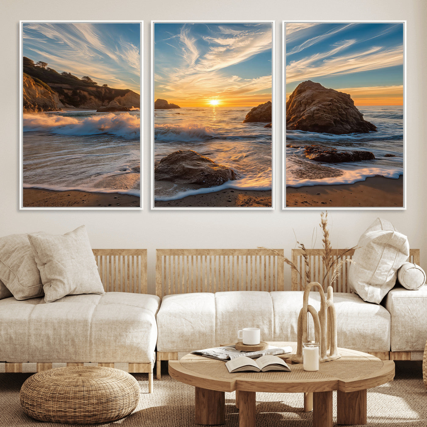 Rocky Ocean Sunset Wall Art Print, Seaside Canvas Wall Art, Dramatic Seascape Canvas Print for Coastal Modern Decor, Ocean Sunset Art Printing