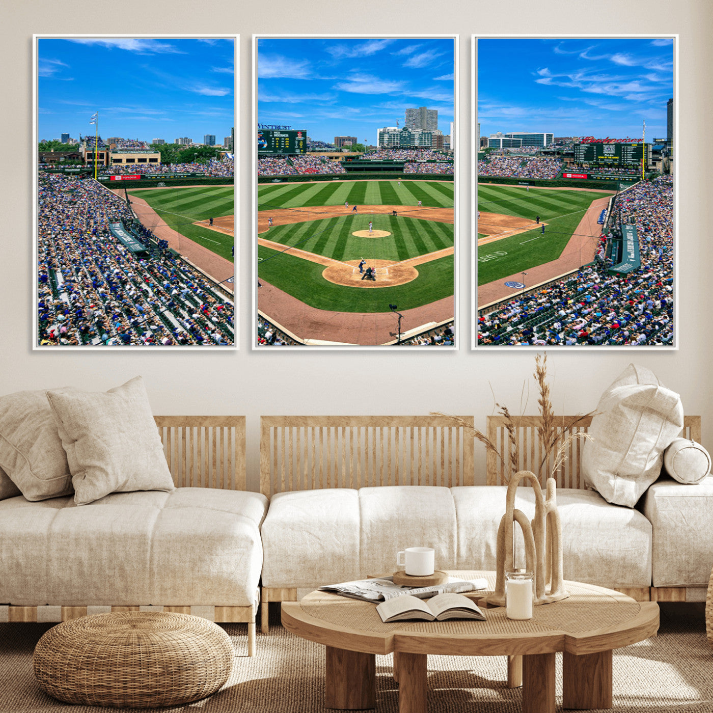 Wrigley Field Baseball Stadium Canvas Wall Art, Packed Crowd Sports Stadium Print, City Skyline Baseball Field Canvas for Game Room Decor