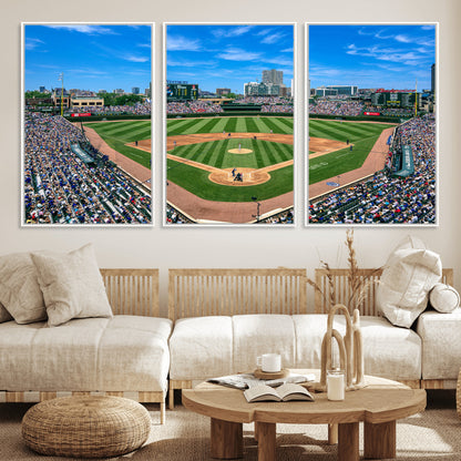 Wrigley Field Baseball Stadium Canvas Wall Art, Packed Crowd Sports Stadium Print, City Skyline Baseball Field Canvas for Game Room Decor