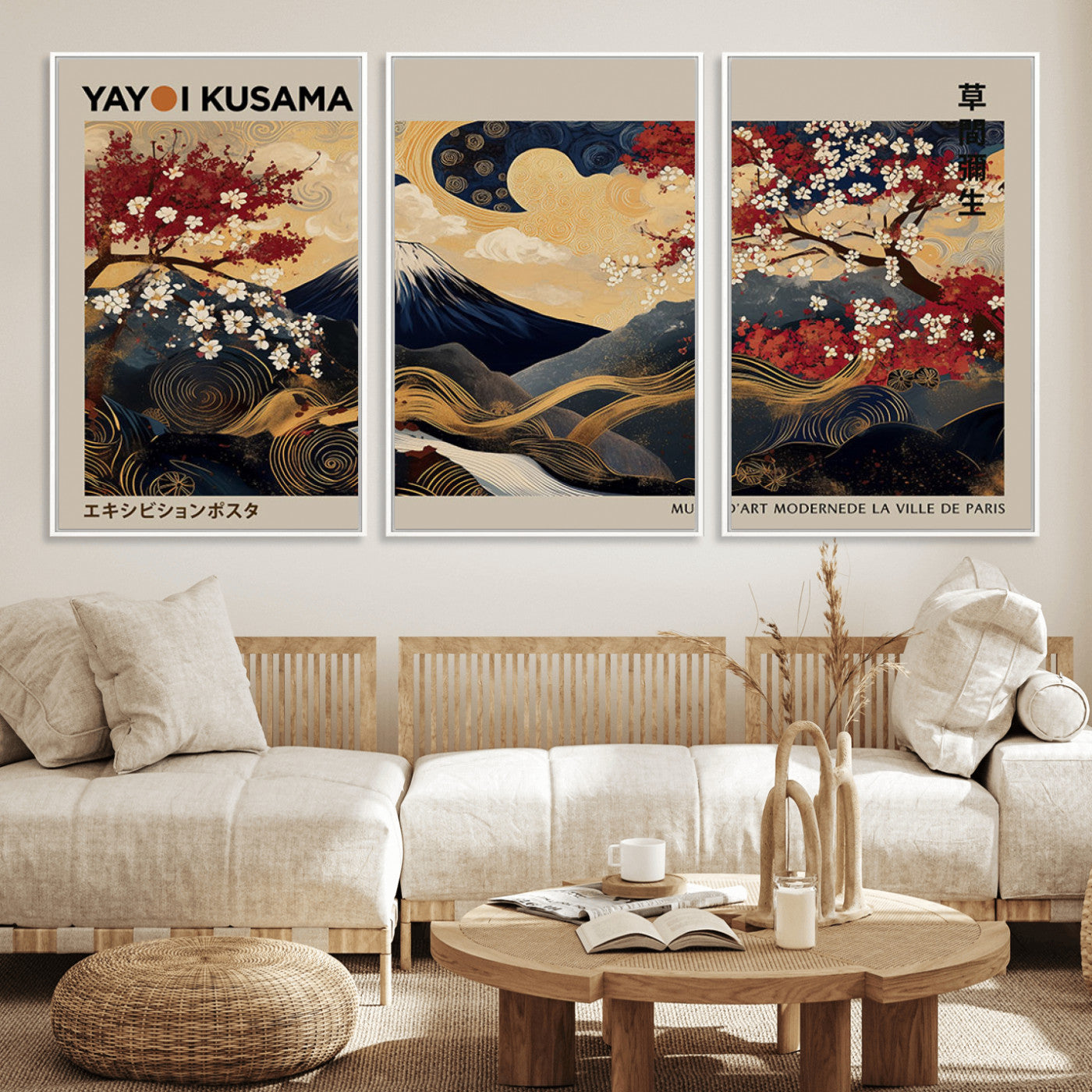 Yayoi Kusama's artwork featuring Mount Fuji, blooming cherry trees, and intricate swirls, blending traditional Japanese elements with vibrant color.
