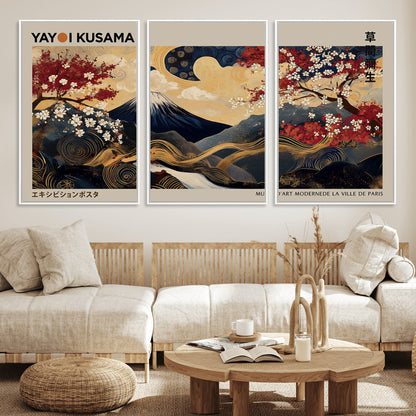 Yayoi Kusama's artwork featuring Mount Fuji, blooming cherry trees, and intricate swirls, blending traditional Japanese elements with vibrant color.
