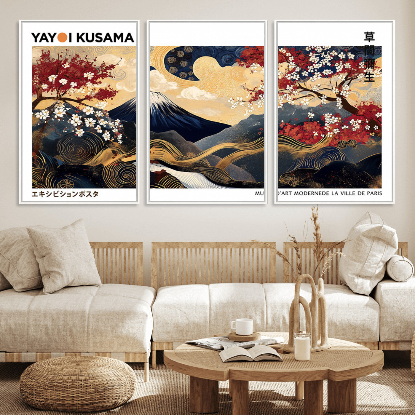 An artwork by Yayoi Kusama featuring Mount Fuji, blooming cherry blossoms, and swirling patterns in a harmonious blend of nature and art.