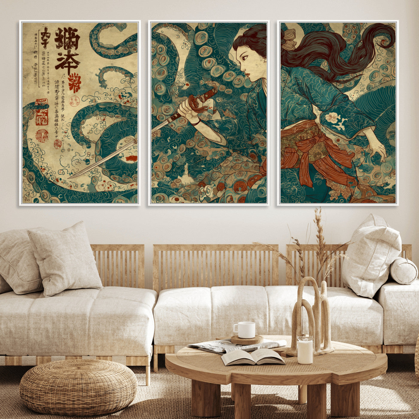 Tsukioka Yoshitoshi Samurai Wall Art Print, Japanese Katana Warrior Canvas Wall Art, Octopus Sea Monster Canvas Print,