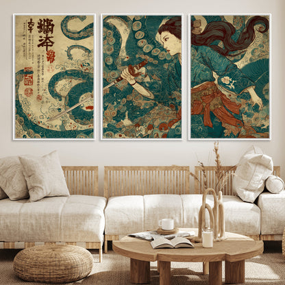 Tsukioka Yoshitoshi Samurai Wall Art Print, Japanese Katana Warrior Canvas Wall Art, Octopus Sea Monster Canvas Print,