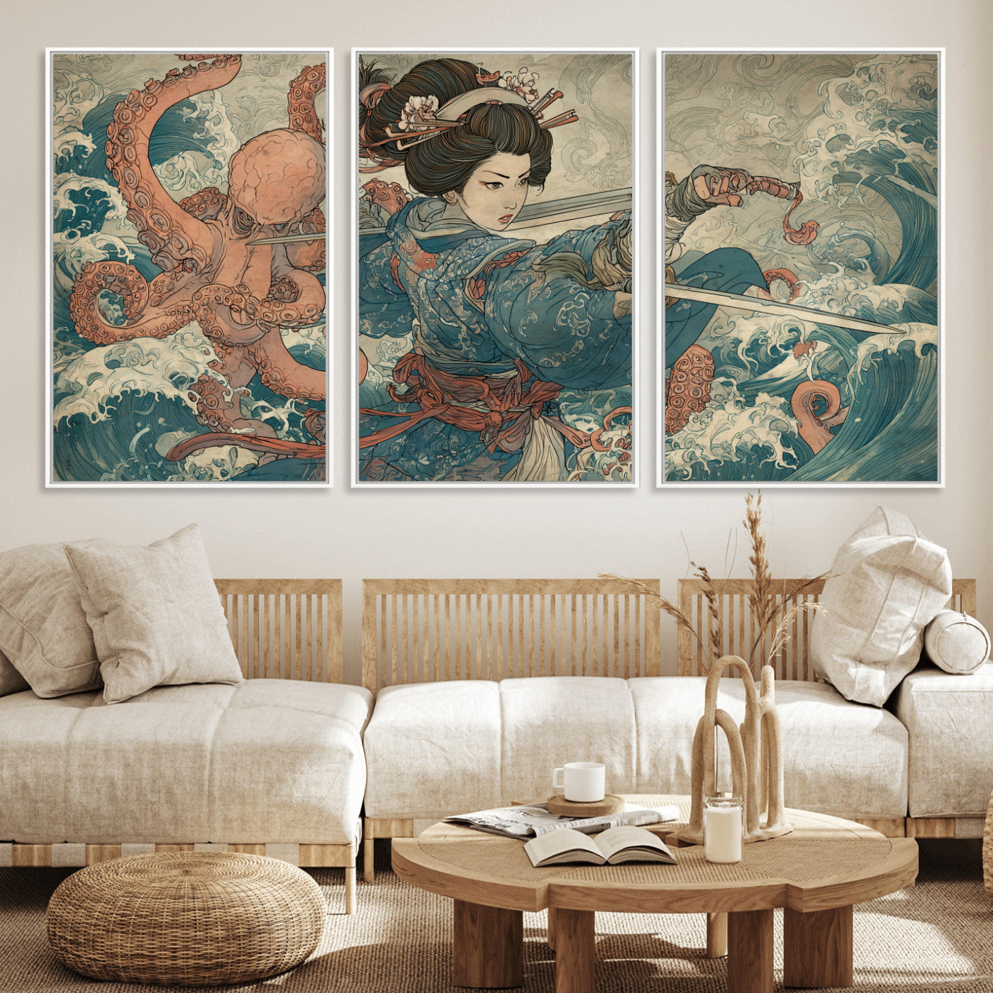 Tsukioka Yoshitoshi Samurai Wall Art Print, Japanese Katana Warrior Canvas Wall Art, Octopus Sea Monster Canvas Print,
