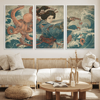 Tsukioka Yoshitoshi Samurai Wall Art Print, Japanese Katana Warrior Canvas Wall Art, Octopus Sea Monster Canvas Print,