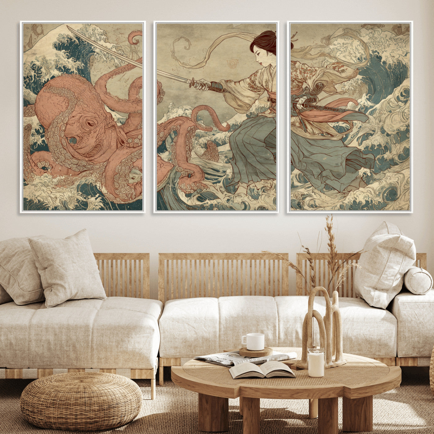 Tsukioka Yoshitoshi Samurai Wall Art Print, Japanese Katana Warrior Canvas Wall Art, Octopus Sea Monster Canvas Print,