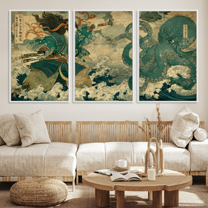 Tsukioka Yoshitoshi Samurai Wall Art Print, Japanese Katana Warrior Canvas Wall Art, Octopus Sea Monster Canvas Print,