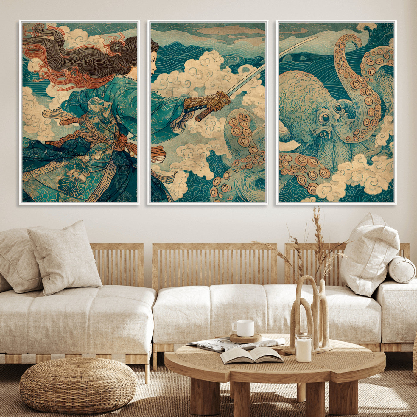 Tsukioka Yoshitoshi Samurai Wall Art Print, Japanese Katana Warrior Canvas Wall Art, Octopus Sea Monster Canvas Print,