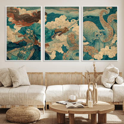 Tsukioka Yoshitoshi Samurai Wall Art Print, Japanese Katana Warrior Canvas Wall Art, Octopus Sea Monster Canvas Print,
