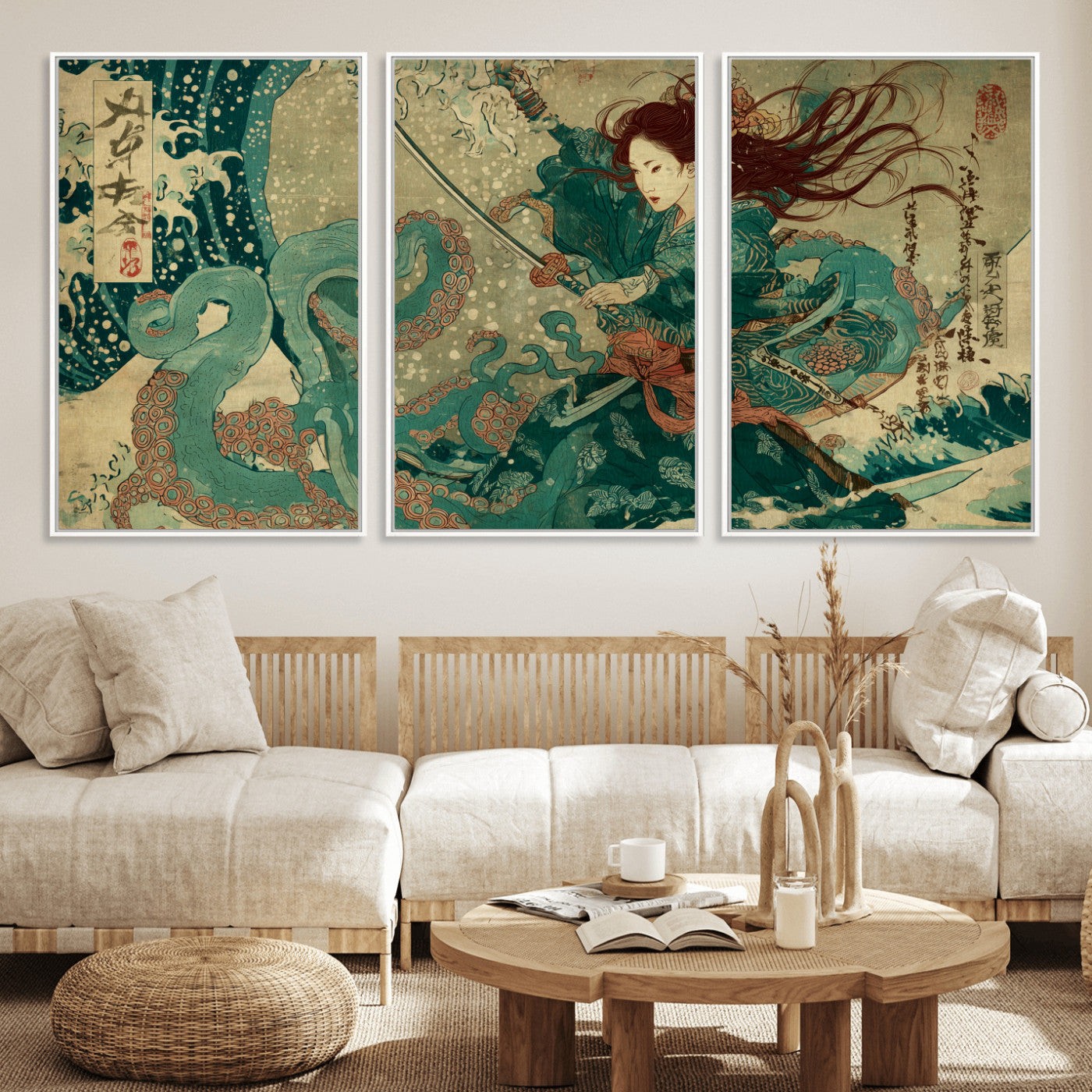 Tsukioka Yoshitoshi Samurai Wall Art Print, Japanese Katana Warrior Canvas Wall Art, Octopus Sea Monster Canvas Print,