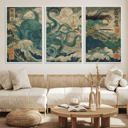 Tsukioka Yoshitoshi Samurai Wall Art Print, Japanese Katana Warrior Canvas Wall Art, Octopus Sea Monster Canvas Print,