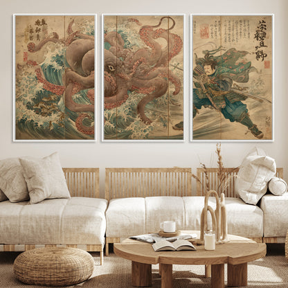 Tsukioka Yoshitoshi Samurai Wall Art Print, Japanese Katana Warrior Canvas Wall Art, Octopus Sea Monster Canvas Print,