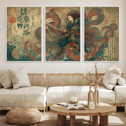 Tsukioka Yoshitoshi Samurai Wall Art Print, Japanese Katana Warrior Canvas Wall Art, Octopus Sea Monster Canvas Print,