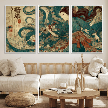 Tsukioka Yoshitoshi Samurai Wall Art Print, Japanese Katana Warrior Canvas Wall Art, Octopus Sea Monster Canvas Print,