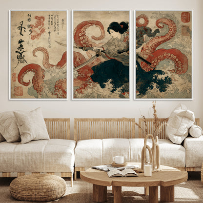 Tsukioka Yoshitoshi Samurai Wall Art Print, Japanese Katana Warrior Canvas Wall Art, Octopus Sea Monster Canvas Print,