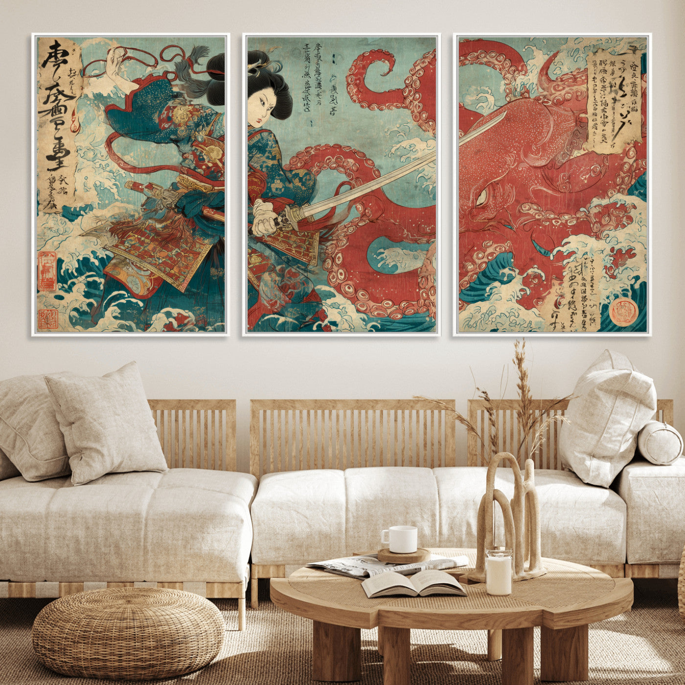 Tsukioka Yoshitoshi Samurai Wall Art Print, Japanese Katana Warrior Canvas Wall Art, Octopus Sea Monster Canvas Print,