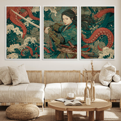 Tsukioka Yoshitoshi Samurai Wall Art Print, Japanese Katana Warrior Canvas Wall Art, Octopus Sea Monster Canvas Print,