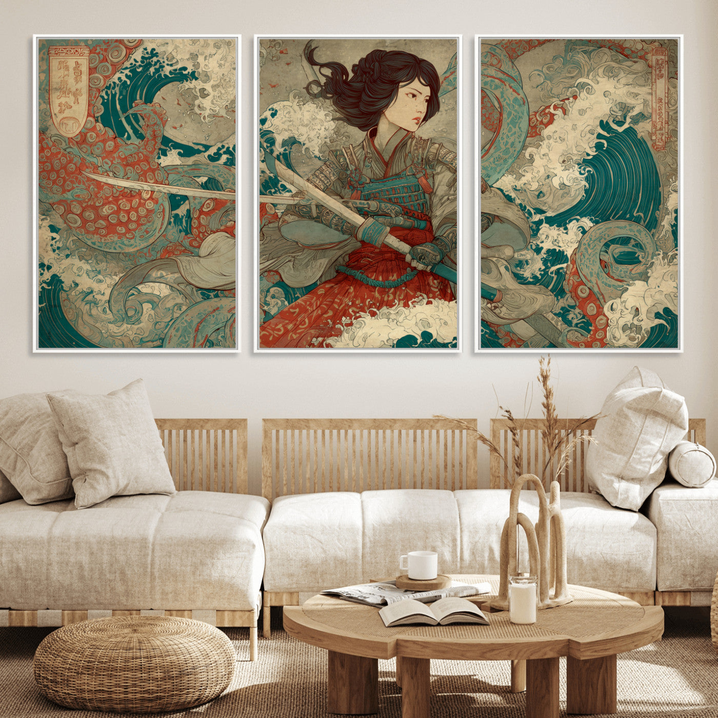 Tsukioka Yoshitoshi Samurai Wall Art Print, Japanese Katana Warrior Canvas Wall Art, Octopus Sea Monster Canvas Print,