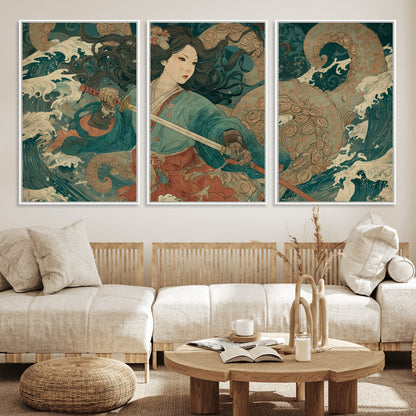Tsukioka Yoshitoshi Samurai Wall Art Print, Japanese Katana Warrior Canvas Wall Art, Octopus Sea Monster Canvas Print,