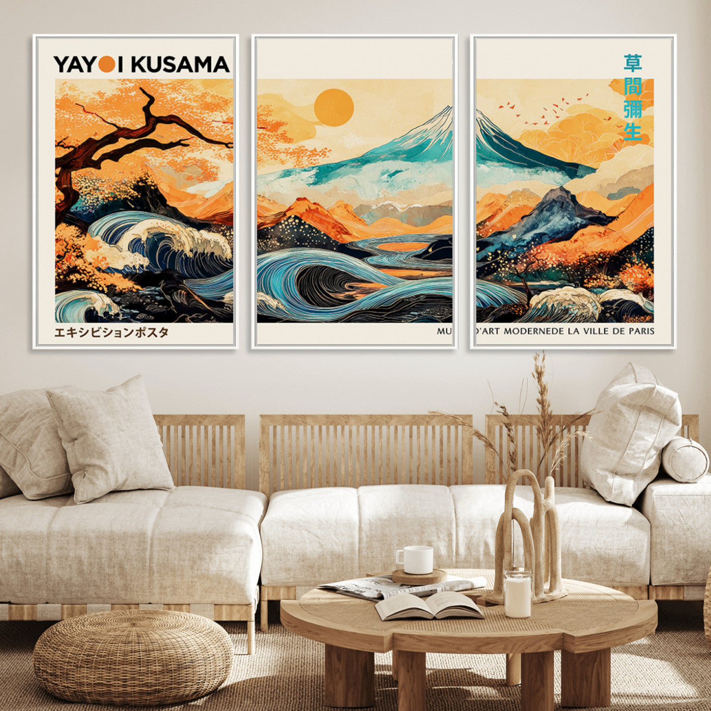 Modern Japanese-style art print featuring a stylized Mount Fuji, flowing waves, and vibrant landscapes in bold colors, inspired by traditional and contemporary aesthetics.