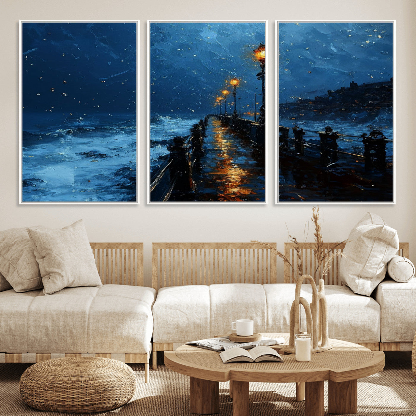 "Impressionistic painting of a rainy pier at night with glowing street lamps reflecting on the wet surface, ocean waves crashing under a dark blue sky."