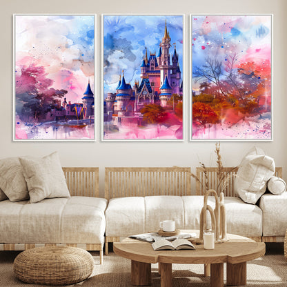 Watercolor canvas of a dreamy Disney-style castle in pastel pink and blue tones, perfect for fairytale or whimsical home decor.