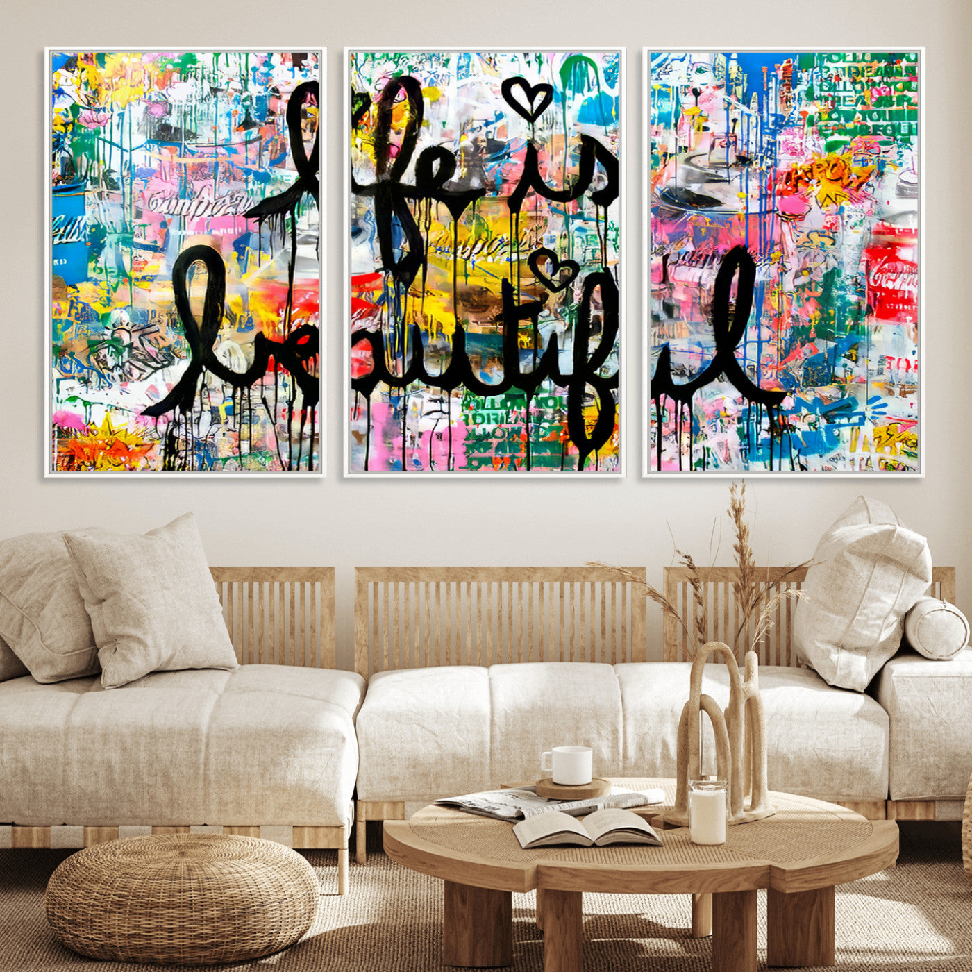 Colorful urban-style canvas with graffiti text “Life is Beautiful” in black paint, ideal for bold or street-themed home decor.