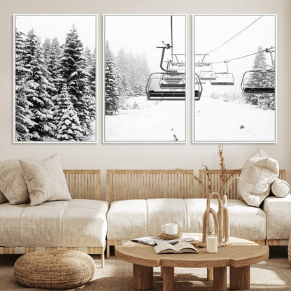 Black and white canvas of empty ski lifts over a snowy pine forest, perfect for minimal winter or ski lodge-inspired decor.