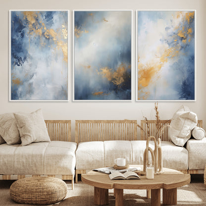 Abstract canvas art in soft blue and gold tones with textured brushstrokes, ideal for elegant or modern neutral decor spaces.
