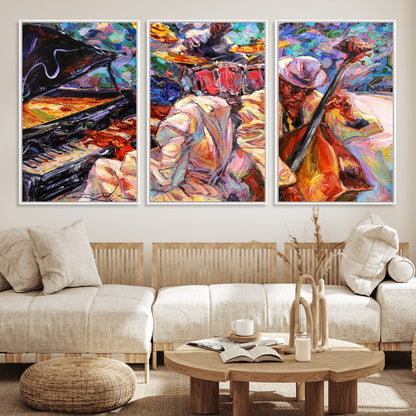 Vibrant oil painting of a jazz band with piano, saxophone, and bass, ideal for colorful and expressive music-themed home decor.